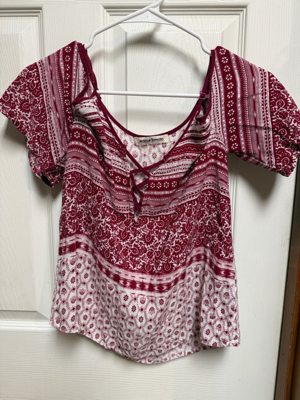 Jealous Tomato Burgundy and White Printed Short Sleeve Peasant Top